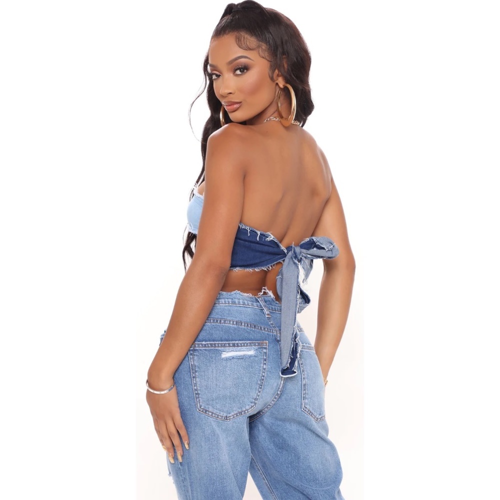 Patchwork Straight Leg Jeans + Patchwork Tube Top - image 4